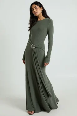 boohoo Robe Longue Moulante En Tissu Slinky Avec Anneau Et Ceinture Nouée À La Taille<Femme Robes Moulantes|Robes À Manches Longues