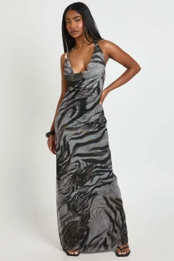 Robe Longue Moulante Imprimé Zèbre En Résille Avec Encolure Dos-nu Et Détail Drapé
