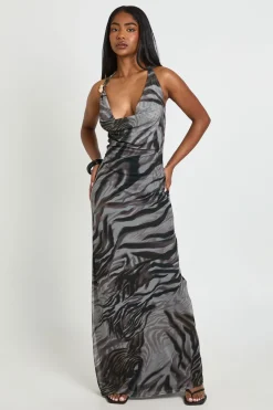 Robe Longue Moulante Imprimé Zèbre En Résille Avec Encolure Dos-nu Et Détail Drapé