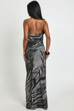 Robe Longue Moulante Imprimé Zèbre En Résille Avec Encolure Dos-nu Et Détail Drapé