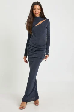 Robe Longue Moulante à Manches Longues avec Détail Drapé et Découpe Trou de Serrure