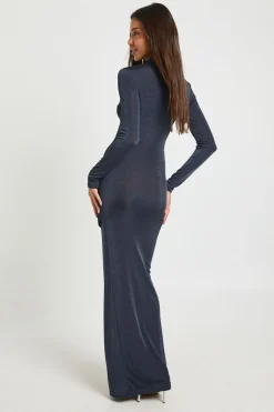 Robe Longue Moulante à Manches Longues avec Détail Drapé et Découpe Trou de Serrure