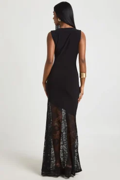Robe Longue Moulante Sans Manches À Décolleté Plongeant Et Ourlet En Dentelle