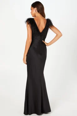 Robe Longue Noire en Satin avec Détail Plumes aux Épaules et Col en V