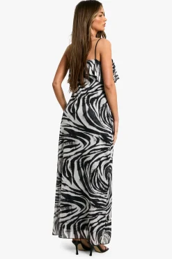 Robe longue nouée à volants et imprimé zèbre