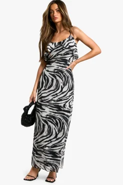 Robe longue nouée à volants et imprimé zèbre