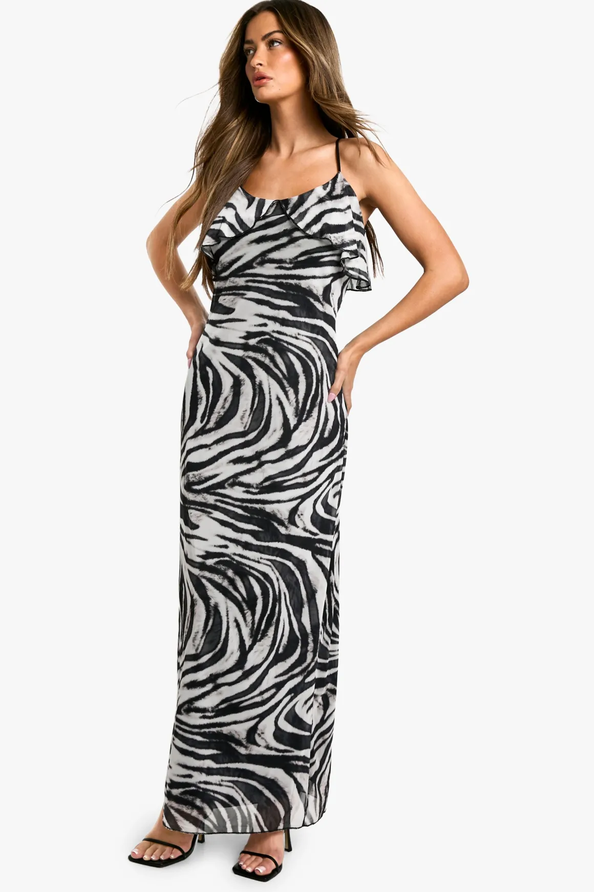 Robe longue nouée à volants et imprimé zèbre