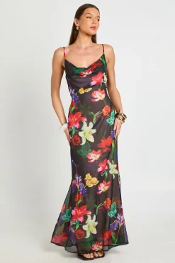 Robe Longue Nuisette À Col Bénitier Avec Imprimé Floral Éclatant