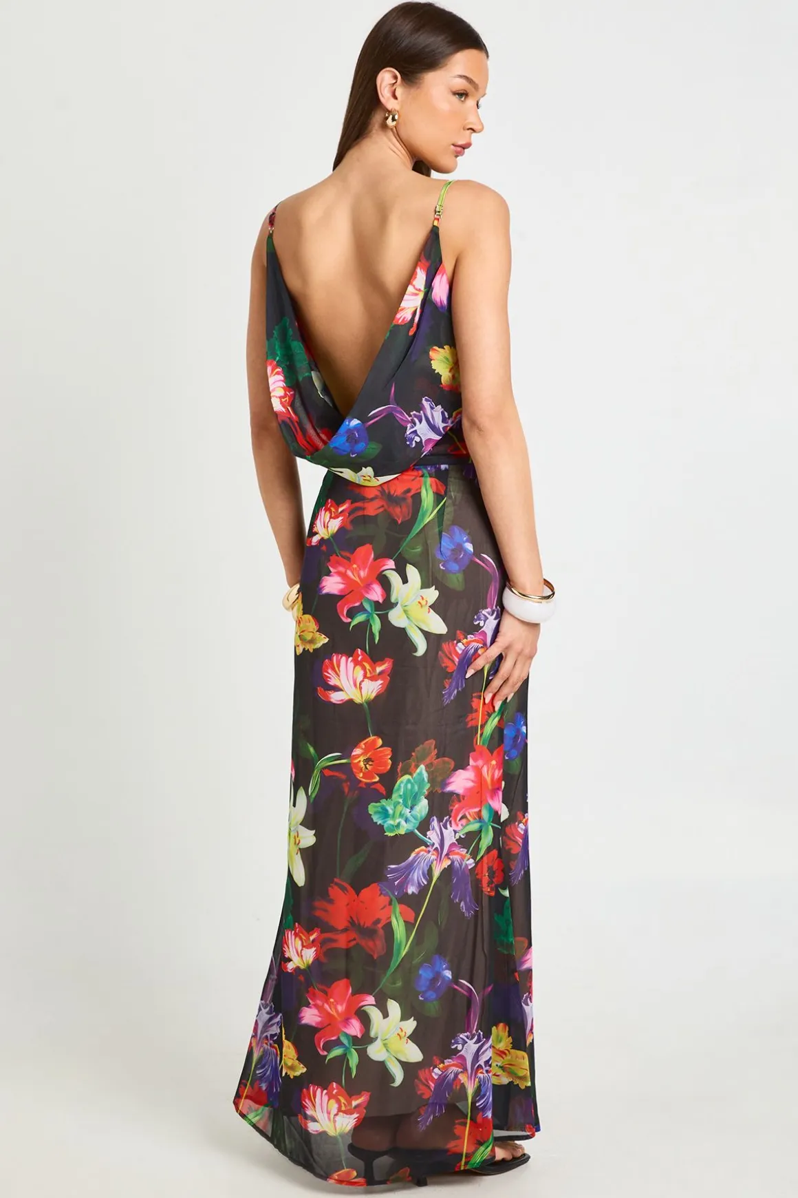 Robe Longue Nuisette À Col Bénitier Avec Imprimé Floral Éclatant