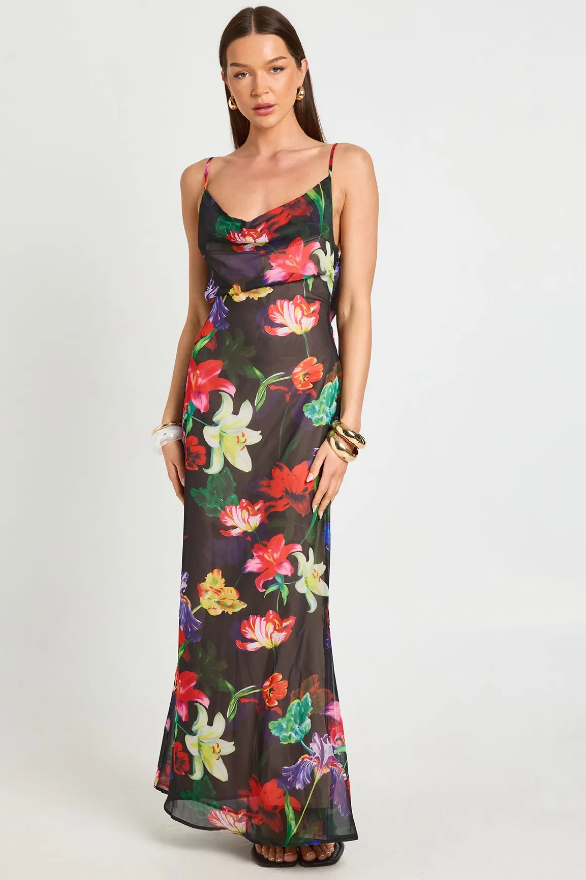 Robe Longue Nuisette À Col Bénitier Avec Imprimé Floral Éclatant