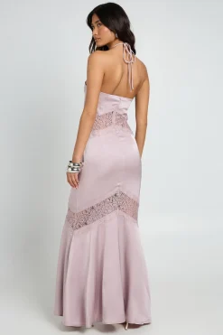 Robe Longue Nuisette Dos Nu En Satin Et Dentelle Avec Liens À Nouer