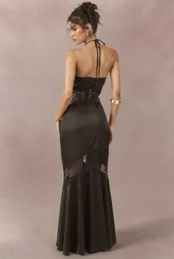 Robe Longue Nuisette Dos Nu En Satin Et Dentelle Avec Col Licou