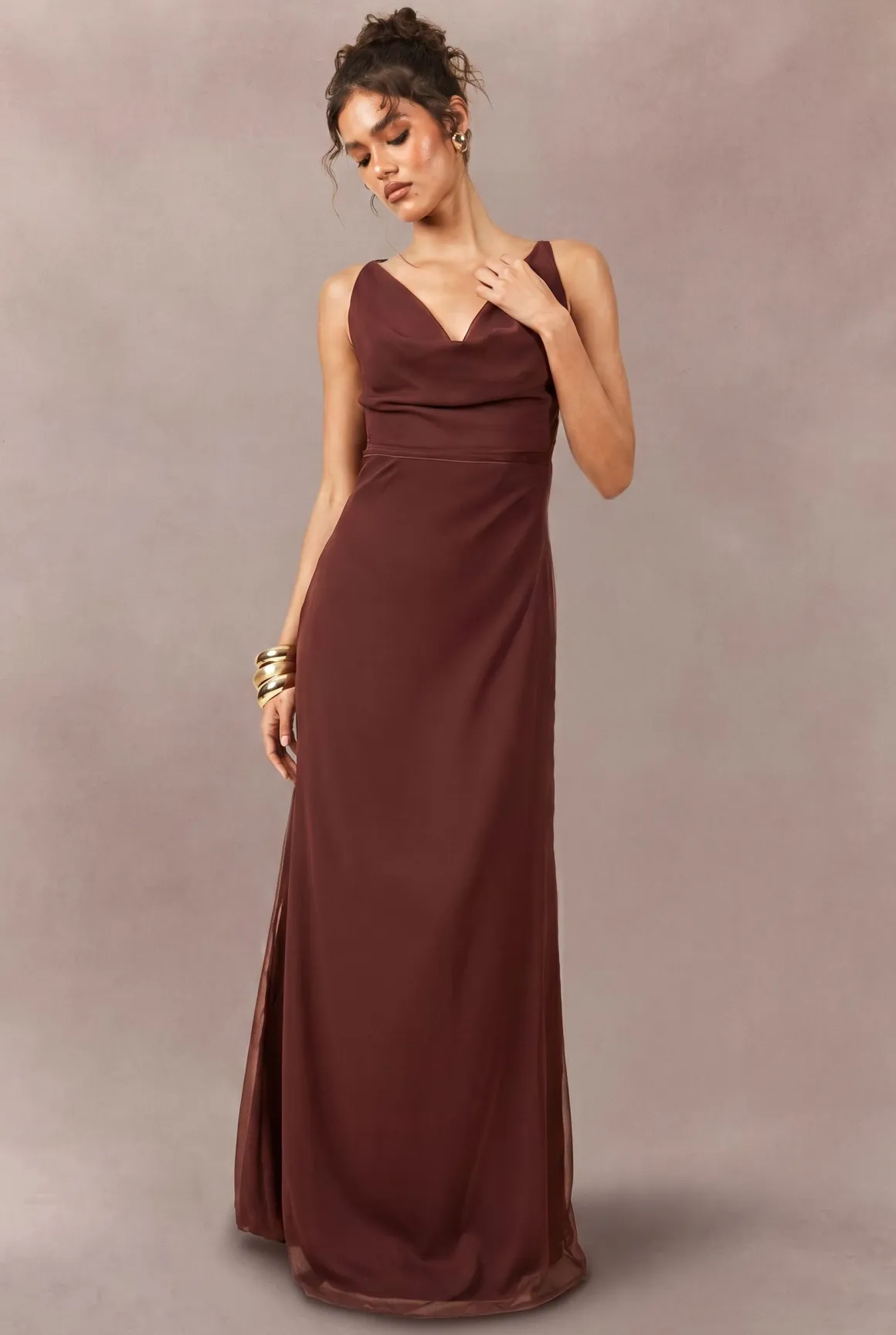 Robe Longue Nuisette En Mousseline Ton Sur Ton Avec Encolure Drapée Devant Et Dos