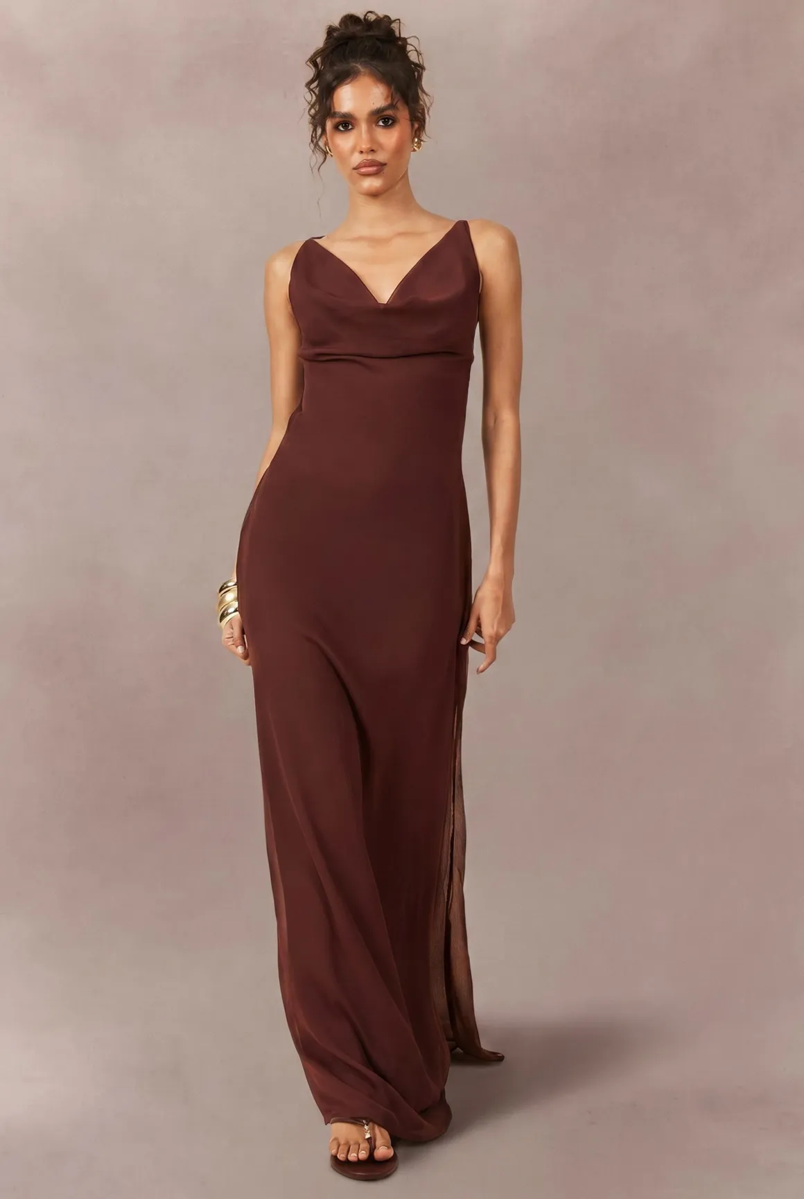 Robe Longue Nuisette En Mousseline Ton Sur Ton Avec Encolure Drapée Devant Et Dos