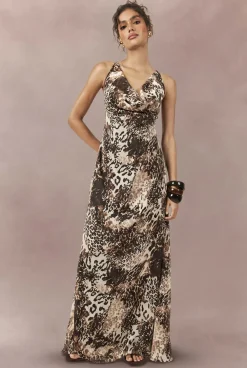 Robe Longue Nuisette En Mousseline À Imprimé Animal Tonal Avec Drapé Devant Et Dos
