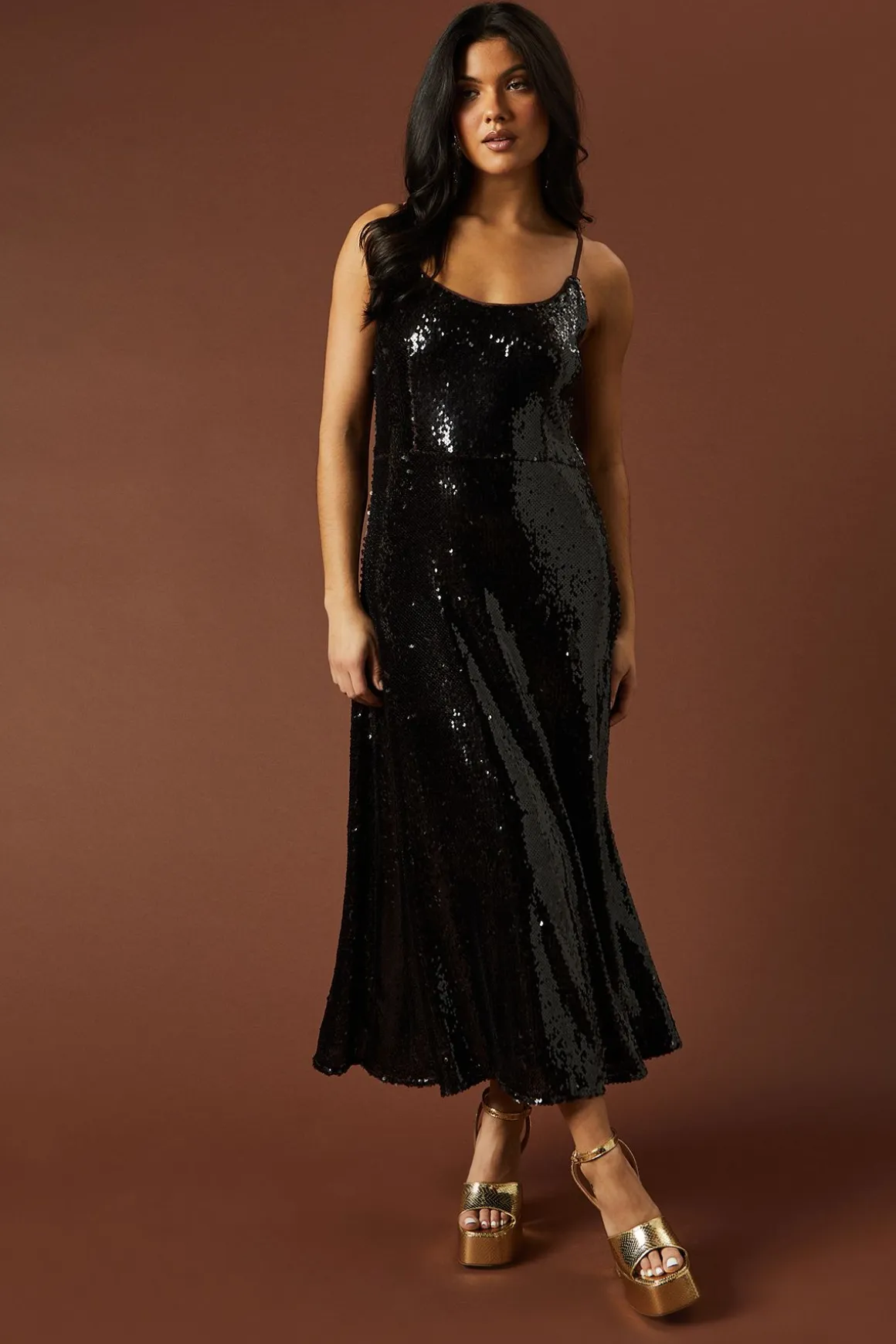 Robe Longue à Paillettes Transparentes avec Bretelles pour Occasions Spéciales