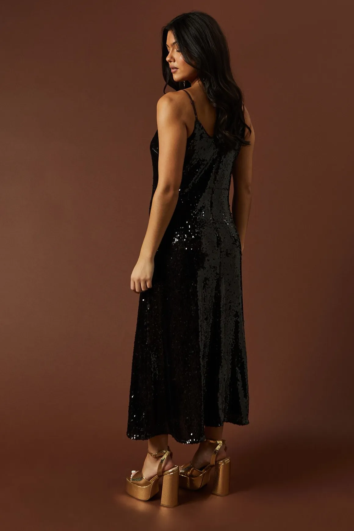 Robe Longue à Paillettes Transparentes avec Bretelles pour Occasions Spéciales