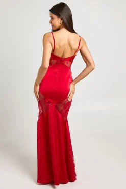 Robe Longue À Panneaux Mélange Satin Et Dentelle
