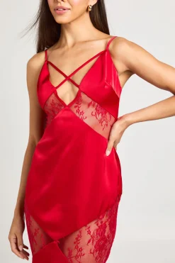 Robe Longue À Panneaux Mélange Satin Et Dentelle
