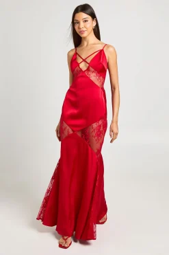 Robe Longue À Panneaux Mélange Satin Et Dentelle