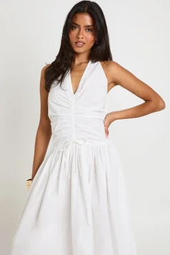 boohoo Robe Longue Patineuse En Popeline De Coton À Col Licou Avec Fronces Sur Le Devant<Femme Robes Patineuses|Robes