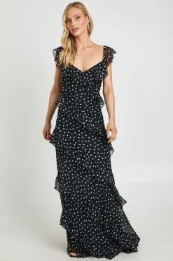 Robe Longue Petite À Bretelles En Mousseline À Pois Et Volants