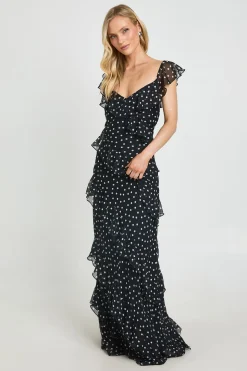 Robe Longue Petite À Bretelles En Mousseline À Pois Et Volants