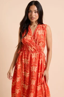 Robe Longue Petite À Col En V Avec Imprimé Palmiers Et Lien Latéral