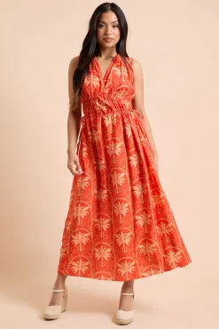 Robe Longue Petite À Col En V Avec Imprimé Palmiers Et Lien Latéral