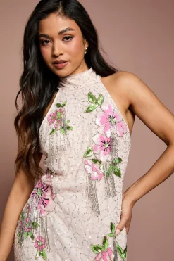 Robe Longue Petite À Col Montant Et Sequins Floraux