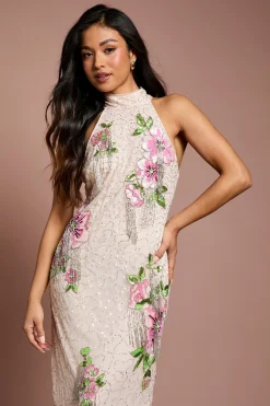 Robe Longue Petite À Col Montant Et Sequins Floraux