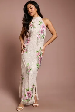 Robe Longue Petite À Col Montant Et Sequins Floraux