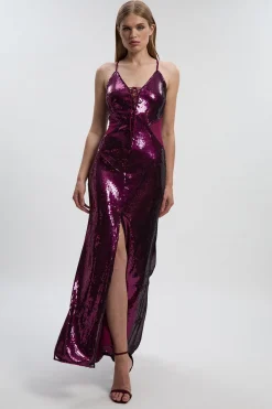 Robe Longue Petite en Maille Power à Sequins avec Décolleté Dos-Nu, Laçage Devant et Fente