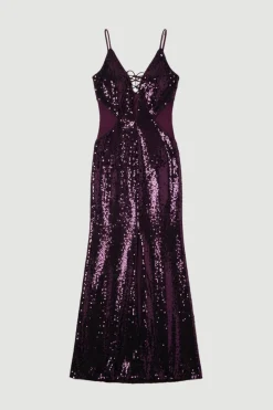 Robe Longue Petite en Maille Power à Sequins avec Décolleté Dos-Nu, Laçage Devant et Fente