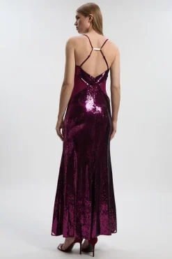Robe Longue Petite en Maille Power à Sequins avec Décolleté Dos-Nu, Laçage Devant et Fente