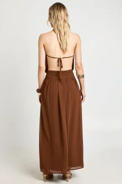 Robe Longue Petite En Mousseline Froncée À Taille Basse Et Col Licou
