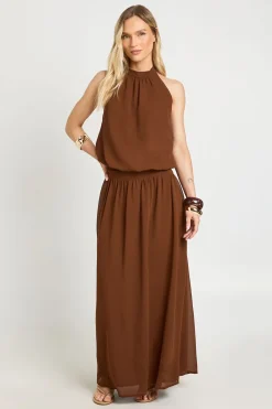 Robe Longue Petite En Mousseline Froncée À Taille Basse Et Col Licou