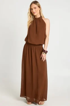 Robe Longue Petite En Mousseline Froncée À Taille Basse Et Col Licou