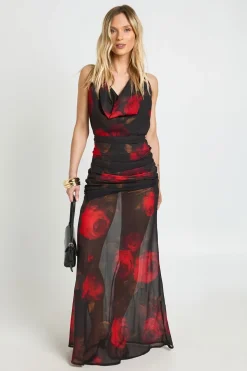 Robe Longue Petite En Mousseline À Imprimé Floral Avec Col Drapé Et Détail Froncé À La Taille