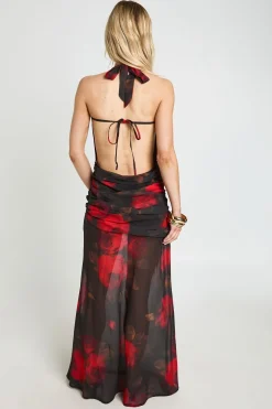Robe Longue Petite En Mousseline À Imprimé Floral Avec Col Drapé Et Détail Froncé À La Taille