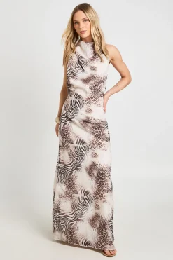 boohoo Robe Longue Petite En Mousseline Imprimée Col Bénitier Haut Dos Nu<Femme Robes|Robes De Soirée