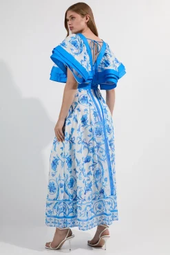 Robe Longue Petite en Organdi à Manches Volantées et Décolleté Plongeant Imprimé Floral