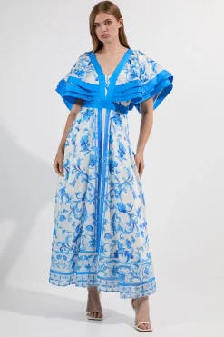 Robe Longue Petite en Organdi à Manches Volantées et Décolleté Plongeant Imprimé Floral