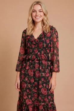Robe Longue Petite Taille À Corsage Plissé Fleuri Col À Volants Et Manches Bouffantes