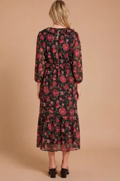 Robe Longue Petite Taille À Corsage Plissé Fleuri Col À Volants Et Manches Bouffantes