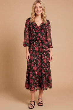 Robe Longue Petite Taille À Corsage Plissé Fleuri Col À Volants Et Manches Bouffantes