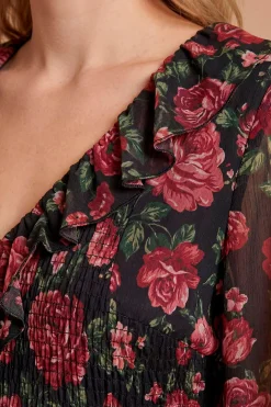 Robe Longue Petite Taille À Corsage Plissé Fleuri Col À Volants Et Manches Bouffantes