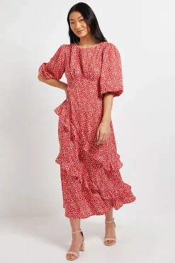 Robe Longue Petite Taille Rouge À Motif Cœurs Avec Manches Volumineuses Et Détails À Volants