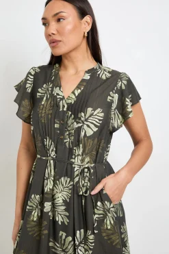 Robe Longue À Plis Nervurés Imprimé Palmier