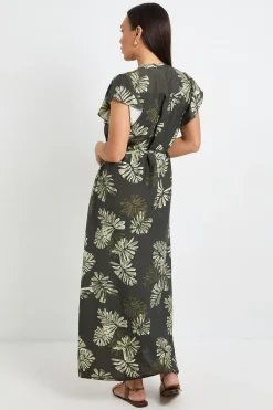 Robe Longue À Plis Nervurés Imprimé Palmier